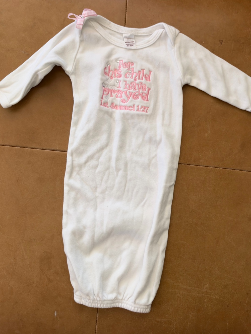 “For this child I have prayed” cotton gown 0-3M
